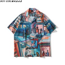 머슬핏 마피아 건달 여성 청 꽃 반팔와이셔츠 갱스터 조폭 지드래곤옷 하와이안 셔츠 남성