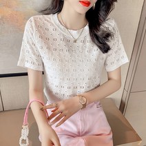 채윤러브 chaeyoon love 레이스 여름 날씬해 보이는 티셔츠 라운드넥 슬림핏 반팔티