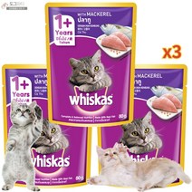 위스카스 파우치 고양이 주식 습식사료 참치 고등어 연어 닭고기 낱개 13종, 3개, 고등어 (80g)