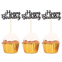 Unimall Pack of 36 Black Glitter Happy Birthday Cupcake Topper Birthday Cupcake Food Picks for Celeb, 1