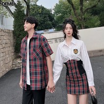 DFMEI 커플룩 봄여름 여 튜닉 체크 타이트 스커트 체크 슬림 셔츠 세트