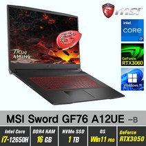 MSI Sword GF76 A12UE 포스 + Win11 Pro포함 / RTX3060 / 12세대i7 / 17인치 게이밍 노트북, WIN11 Pro, 16GB, 1TB, 인텔코어 12세대 i7 12650H, 블랙