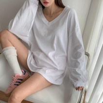 옷자락 여자 브이넥 무지 시보리 가을긴팔티 빅사이즈 티셔츠