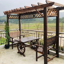 우드 파고라 테라스 루프탑 쉼터 정원 테이블 좌석 세트, 정자 좌석O +테이블