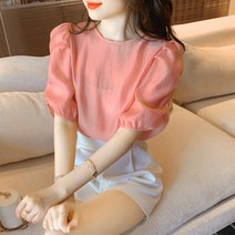 오렌지핑크 쉬폰 셔츠 블라우스 여성 여름 2023 라운드 넥 퍼프 슬리브 탑 반팔