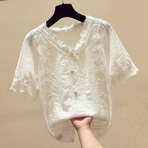 한국 쉬폰 풀오버 상의 여름 여성 의류 패션 단색 레이스 접합 넥 느슨한 반팔 티 여성티셔츠