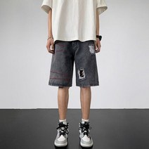 남자청반바지 와이드 흑청 데님반바지 찢어진 구멍 청바지 반바지 남성 캐주얼 심플 포켓 스트레이트 여성 데님 스트릿 웨어 의류