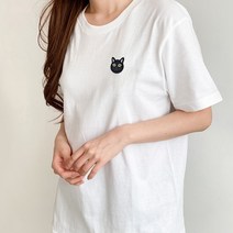 멋지군 17수 라운드 고양이 자수 면 반팔 티셔츠