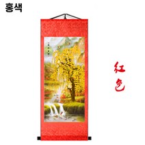 황금 나무 금전수 폭포 풍경 돈들어오는 돈나무 폭포수 잉어 풍경화 그림 대형 현관 비단화, 홍색, 90 x 220 cm
