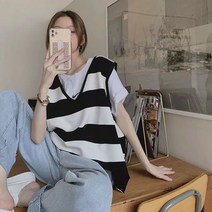 스트라이프 브이넥 레이어드 베스트 오버핏 루즈핏 조끼