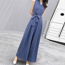 데일로엔 여성 브이넥 허리 리본 와이드 점프수트