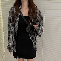 여성 끈나시 원피스 루즈핏 체크 셔츠 세트 코디