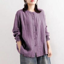 2022 새로운 문학 복고풍 여성 가을 면화 및 린넨 셔츠 여성 느슨한 라운드 넥 셔츠 긴팔 캐주얼 블라우스