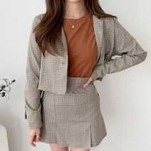 여성 여자 가을 자켓 재킷 라번드 체크 원버튼숏