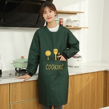 긴팔 앞치마 여성 주방 홈 방수 오일 방지 한국 스타일 패션 요리 오버올 성인 남성 작업복 맞춤형, 나이프와 포크 일반_긴팔 코트 그린 1 조각