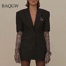 수소수생성기 알칼리여성용 패션 샤이니 재킷 여름 블레이저 긴 다이아몬드 패치 워크 슬리브 오피스, 01 Black_04 XL