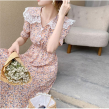 우리봄빛[S-2XL]2컬러 레이스 빅카라 플라워 퍼프 롱 플레어 원피스 12772