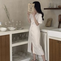 [바보사랑] 여성 여름 포미드 셔츠 핀턱 반팔 롱 원피스