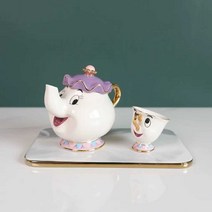미녀와 야수 티포트 주전자 세트 집들이 인테리어 찻잔 선물, 1. 냄비 1개컵 1개 + 돌무늬 금단 트레이