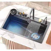 폭포 수전 싱크대 블랙 나노 스틸 가정용 주방 인테리어 채소 과이 씻는, D. 블랙나노68x45+컵와셔+비누디스펜서+테이블컨트롤