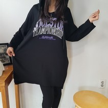 상상그이상 여성용 국내제작 스타 후드 롱티셔츠 고급원단 가벼운 레깅스코디 원피스편한 간절기 빅사이즈 오버핏 포인트 레터링 캐쥬얼 데일리룩