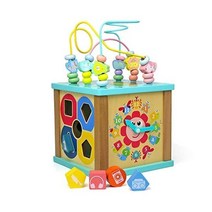Wooden Activity Cube Toddler Toys 5 in 1 Wooden Baby Toy with Shape Sorter Bead Maze Wooden Blocks E