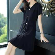 패션고리 여름여성 브이넥 주름 반팔 단추 롱 원피스 Q450