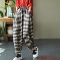 [QiYuQoo] 레트로 모조 면과 린넨 여성용 바지 가을 느슨한 사이즈 캐주얼 바지