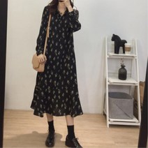 30대여성 검정색 꽃무늬 롱 쉬폰원피스 간절기 얌전한 하체커버