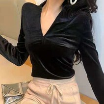 여성 브이넥 슬림 벨벳 티셔츠 W233