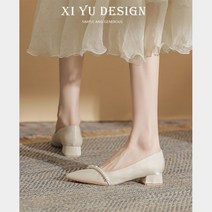 새틴 베이직 진주 구두 미들 3cm 성수동 힐 발편한 통굽 파티 명품 결혼식 글리터 예쁜 펌프스 사선 코사지 뾰족