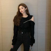 긴소매 상의 화이트 숏맨투맨 여성 트렌드 시크 사선 지퍼 오프숄더 어깨트임 CHIC 얇은 762172789