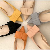 [원더플리츠] 리본 스웨이드 뮬 4cm 스틸레토 슈즈 구두 슬리퍼