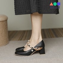 몬드스팟 5cm 여성 골드체인 스카프 메리제인 스퀘어코 펌프스 미들힐 블랙 (DM522)