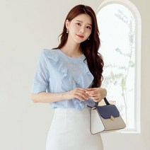 시크라인 브이러플 트리밍 스트라이프 반소매 블라우스