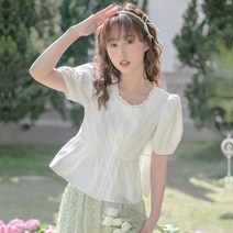 AURORNG 쇼트 퍼프 레이스 반팔 셔츠