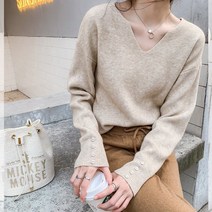 JUSTFEELING 가을 겨울 여성 스판 스웨터 데일리 브이넥 니트티 빅사이즈