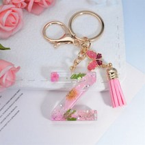 쥬얼리 액세서리 핑크 드라이 플라워 26 이니셜 A to Z 레진 키체인 나비 태슬 펜던트 반짝이는 열쇠 고리 여성용 핸드백 액세서리