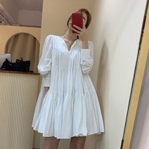 라엔 가을 심플 V넥 플리츠 루즈핏 원피스