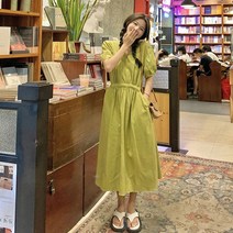 퐁순싸롱 브이넥 퍼프 반팔 플레어 A라인 면 롱 원피스 SY