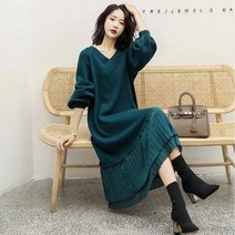 빅사이즈원피스 홈드레스 도트 롱니트 여성 니트 드레스 가을 겨울 긴 소매 브이넥 패치 워크 미디 플러스 사이즈 스웨터