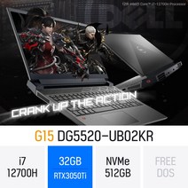 [오늘출발] 델 2022 G15 5520 Gaming Laptop 다크 쉐도우 그레이 DG5520-UB02KR 지포스 RTX3050Ti 게이밍 고사양 영상편집 포토샵 캐드, Free Dos, 32GB, 512GB