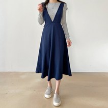 데일리앤 마디아 여성 브이넥 플레어 멜빵 롱 원피스