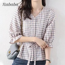 나바바 NB767 여성 체크 셔링 허리리본 브이넥 반팔 블라우스