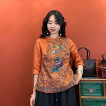 면마블라우스 면린넨 상패 자수 상의 봄 여름 클래식 에스닉 무드 스탠딩카라 단추 셔츠 4812641780