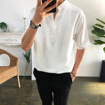 웨일즈 가벼운 쿨 린넨 헨리넥 트임 반팔 차이나 셔츠(4 Color) 95~105