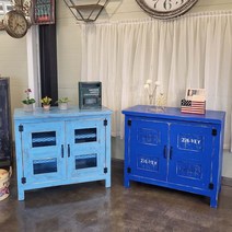( 국내산 ) 원목 빈티지 거실장 다용도 아일랜드 수납장 (블루 스카이블루), 스카이블루