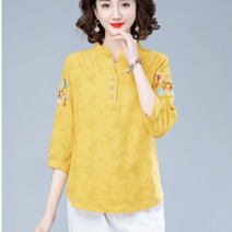 여성 면마블라우스 자수 코튼 린넨 차이나 v넥 7부 소매 블라우스
