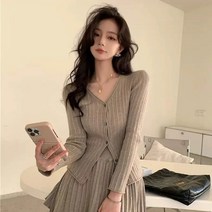 여성 가을 옷 키 작은 사람들을 위한 스몰 향기로운 스타일의 니트 긴팔 가디건 사교계 명사 플리츠 스커트 투피스 수트