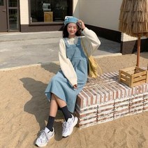 하늘색원피스 네이비 7부 블루 코듀로이 원피스 초봄 여성 크라우드펀칭 a 멜빵 스커트